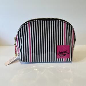 Victoria's Secret Make Up Bag Womens Black White Pink Stripe Beauty Cosmetic